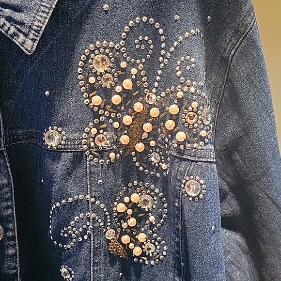 Quacker Factory Denim Jacket Butterfly Rhinestone Beaded Studded Buttons 3X - Picture 4 of 7